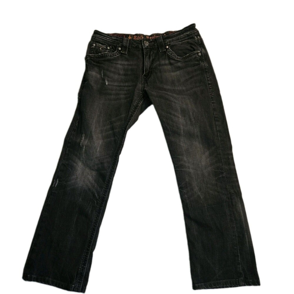 Rock Revival Nathan Straight Leg Jeans Men Size 34 Black Distressed Faded Denim